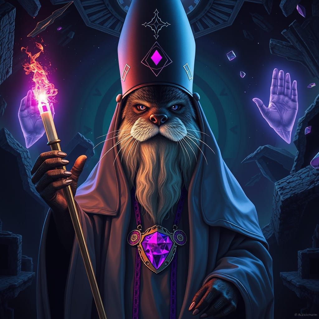 Ethereal Priest and Otter in Amethyst Hues with Shattered Gi...