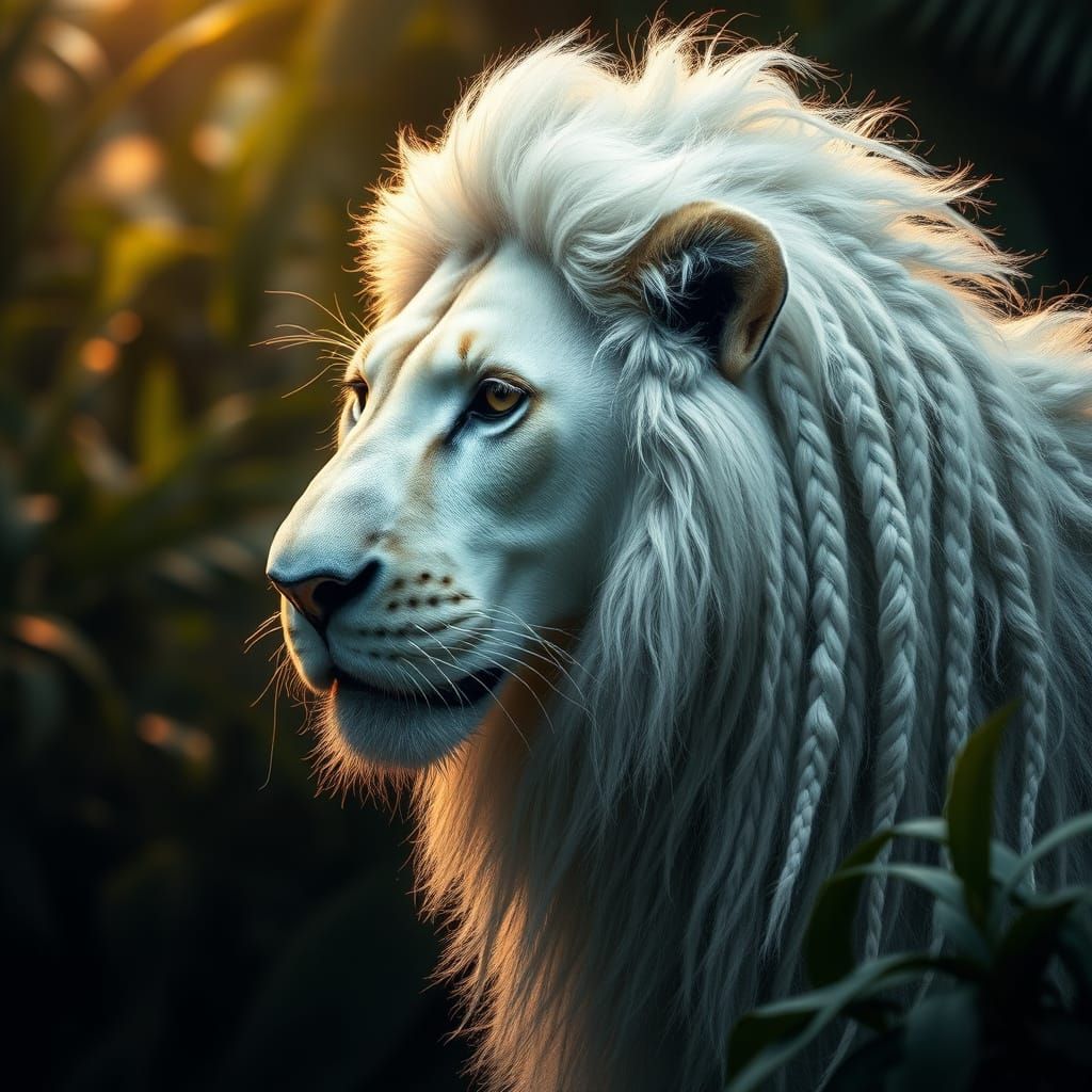 Majestic White Lion in Rainforest, Hyperrealistic Style