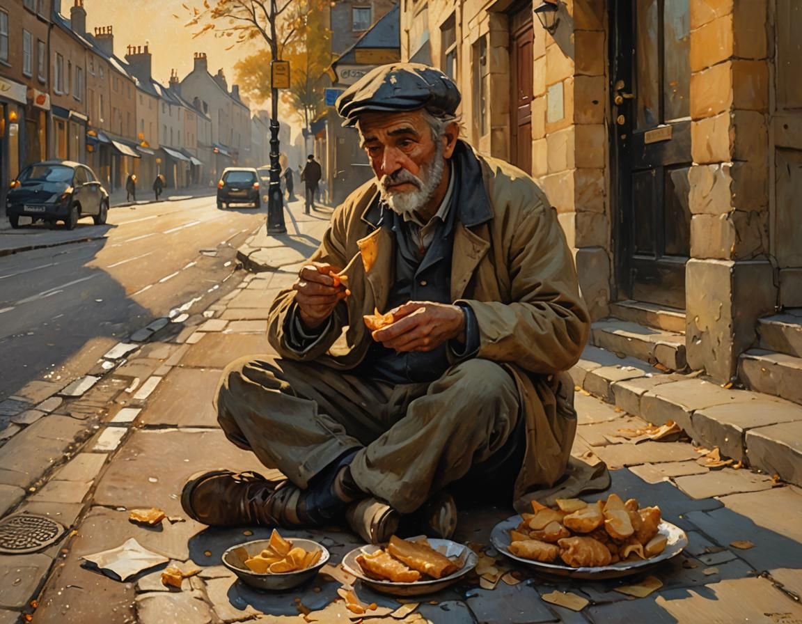 English Beggar Eating: An Impressionist Street Scene