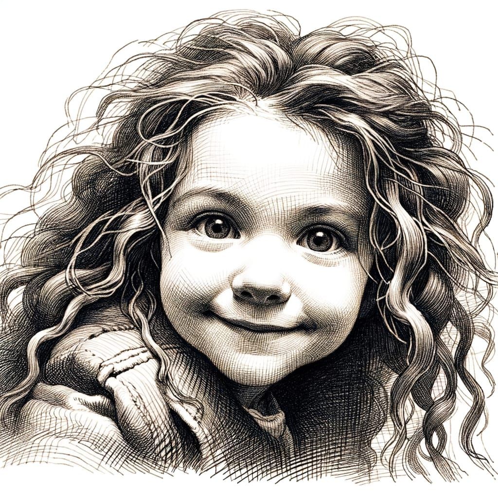 Playful Girl in Crosshatching Style