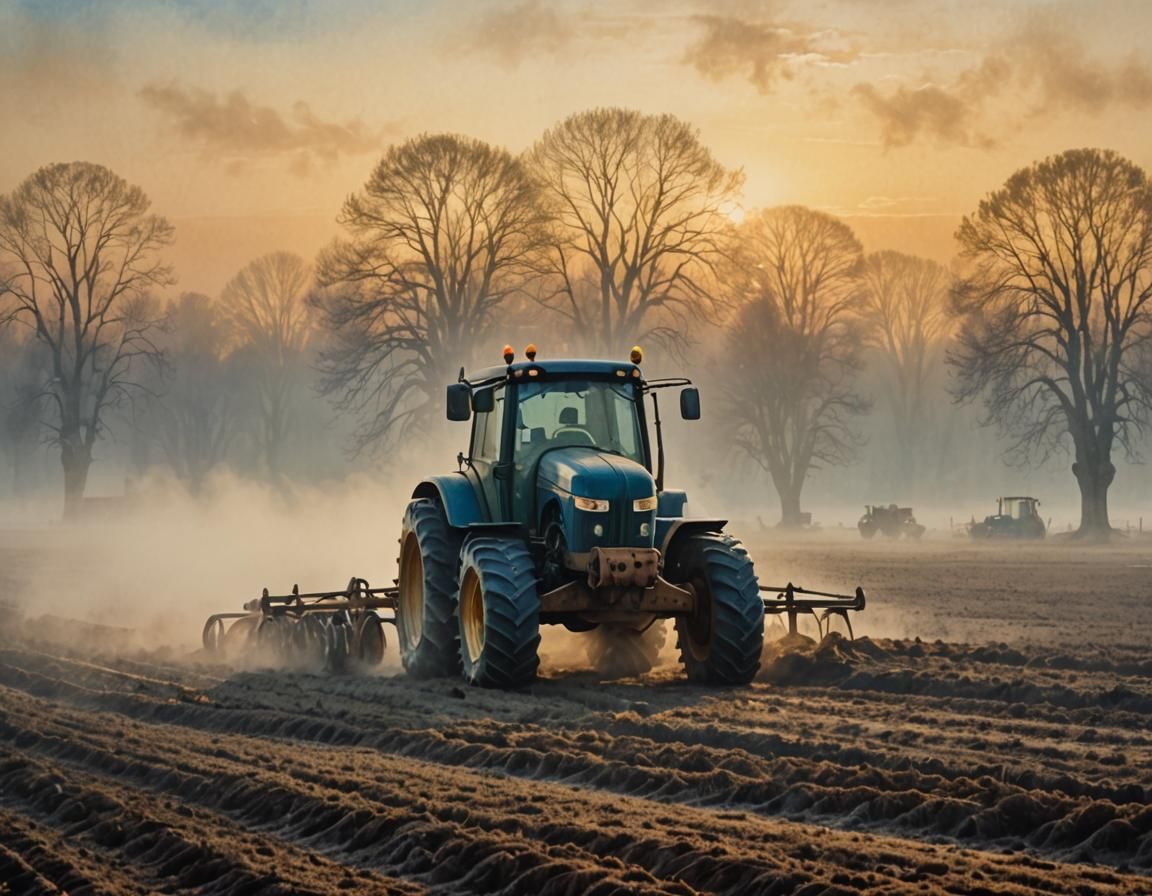 Surreal Foggy Morning: Tractor in Watercolor and Oil