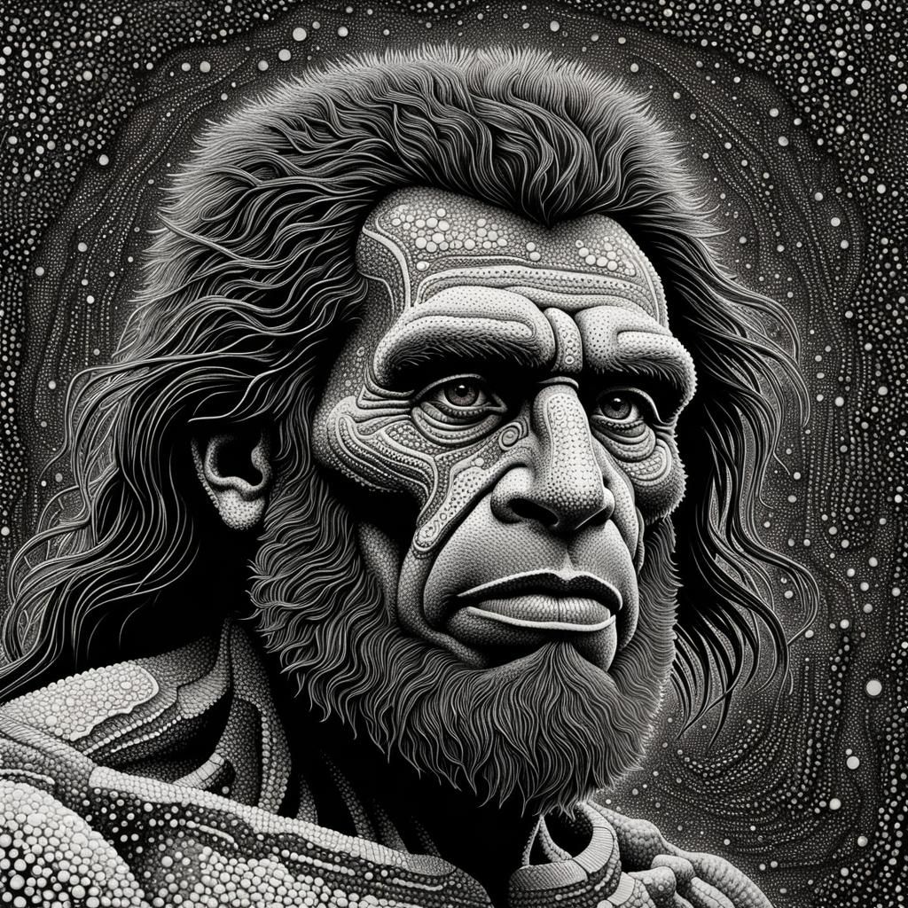 Hyperdetailed Neanderthal Man in Pointillism Style