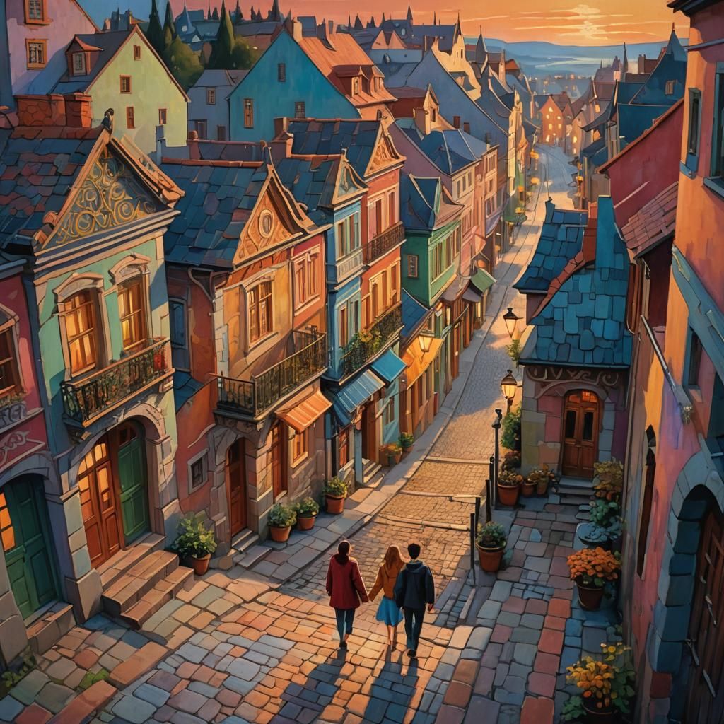 Charming Townscape at Dusk in Vibrant Oil Painting