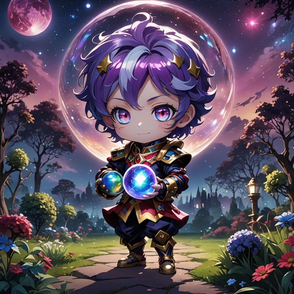 Chibi Harlequin with Iridescent Ball in Anime Style