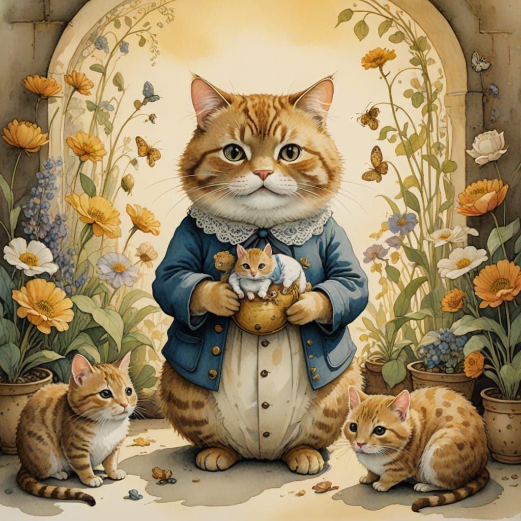 A Whimsical Cat Nurses Baby Mice in a Sun-Dappled Nursery