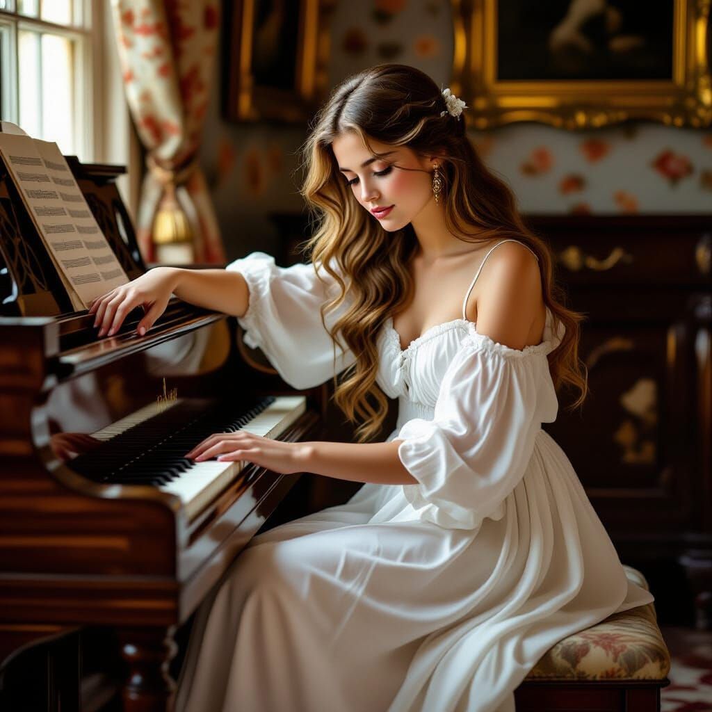 Regency Girl Teaches Boy Piano in Golden Light