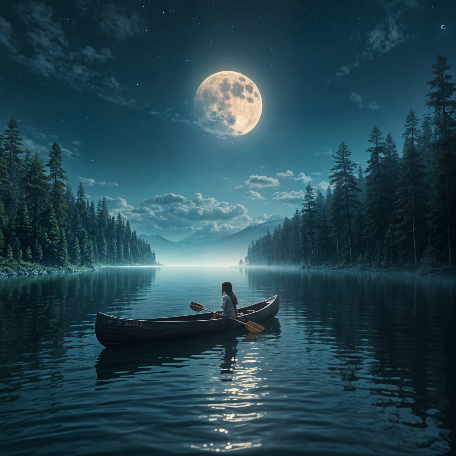 Moonlit Canoe on a Long Lake: Matte Painting