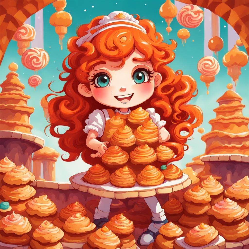 Chibi Girl on Baklava Pile in Gouache Style