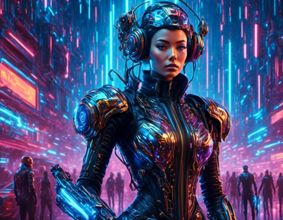 Cyberpunk Girl with Neon and Surreal Elements