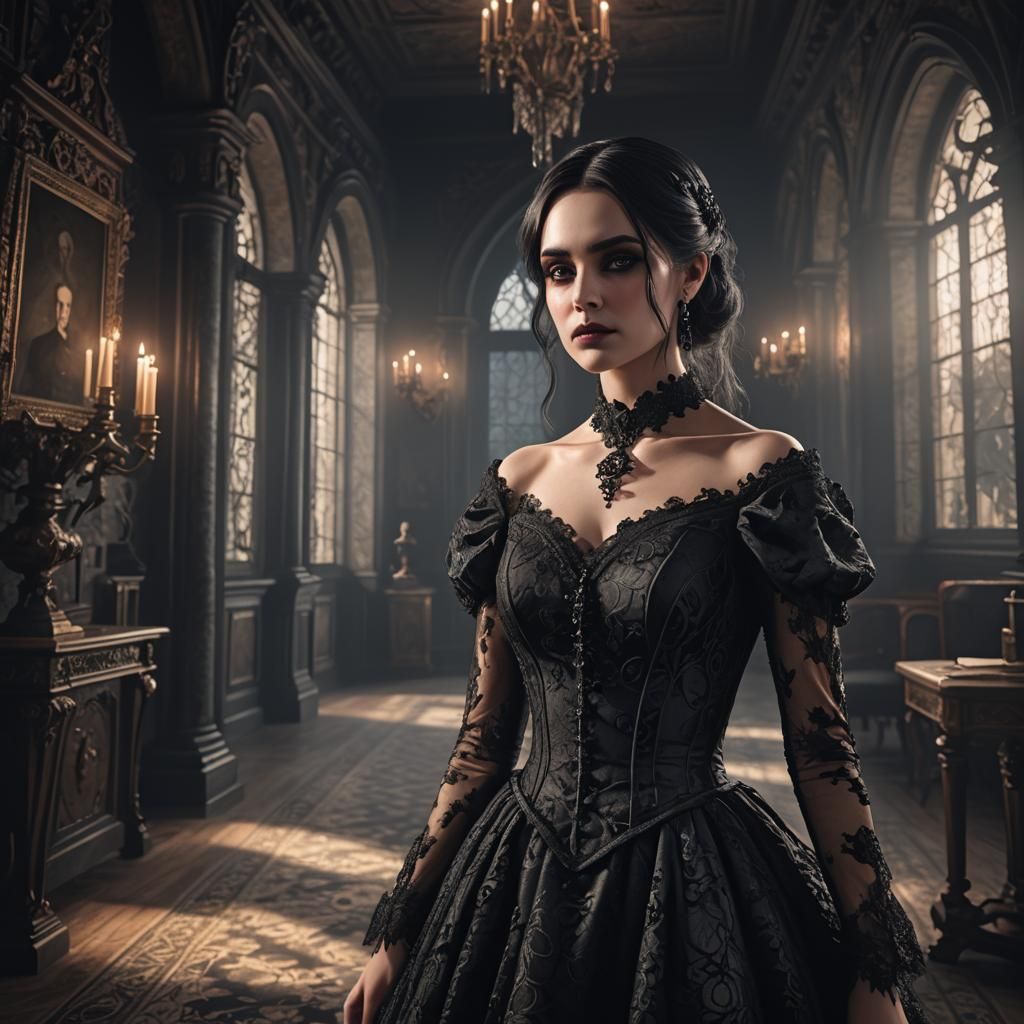 Elegant Goth Woman in Gothic Manor in Dark Academia Style