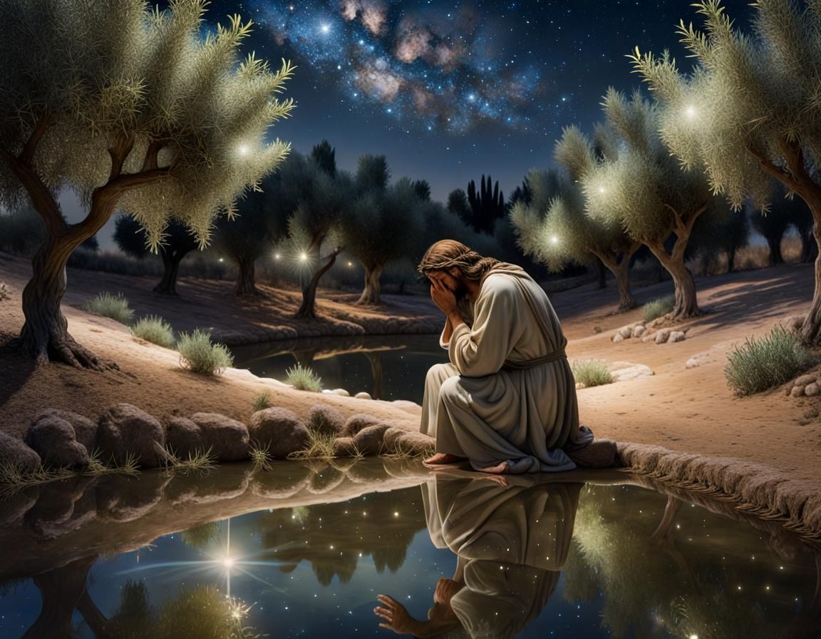Jesus Praying in Gethsemane Under Starry Sky
