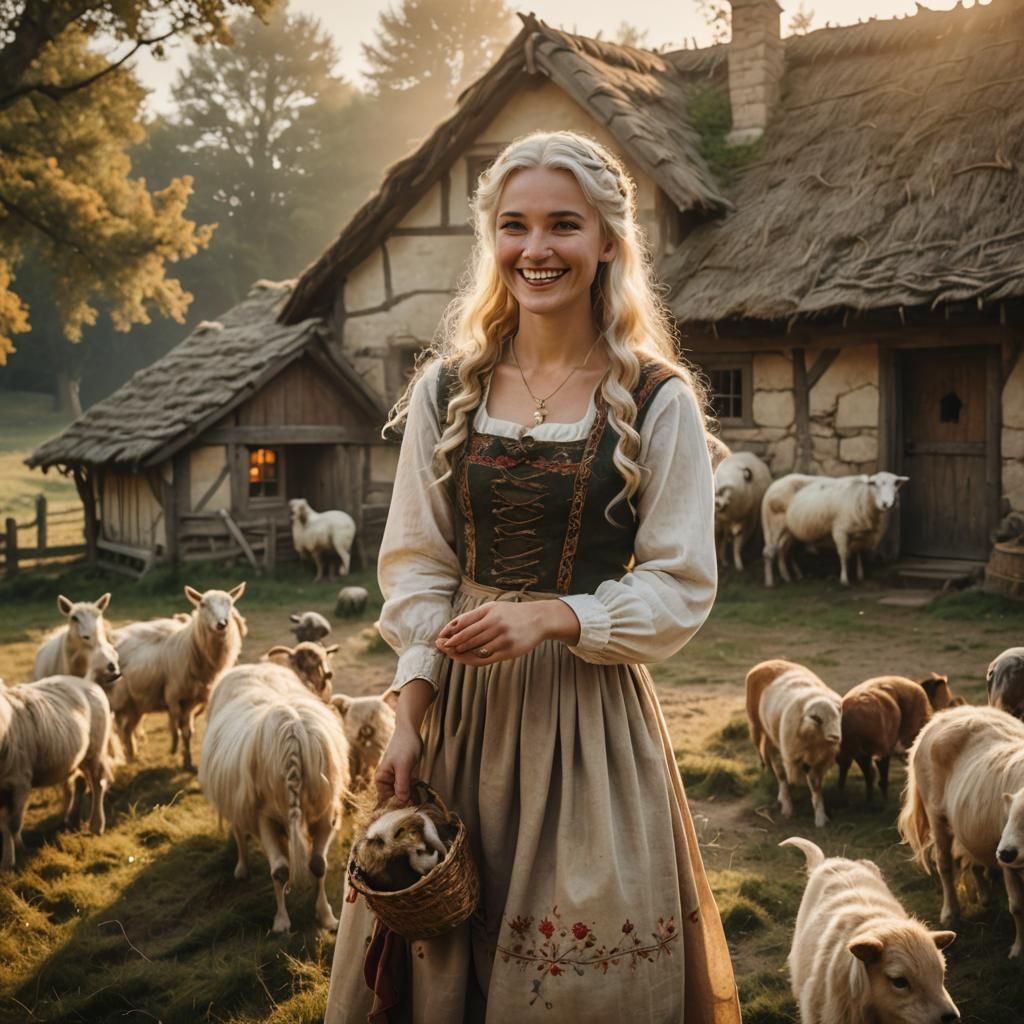 Blonde Haired Medieval Peasant Girl Feeding Animals