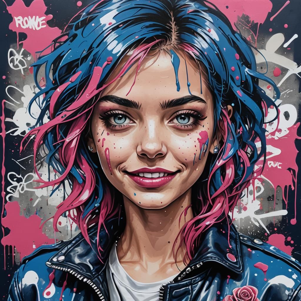 Punk Woman with Blue Hair in Graffiti Art Style