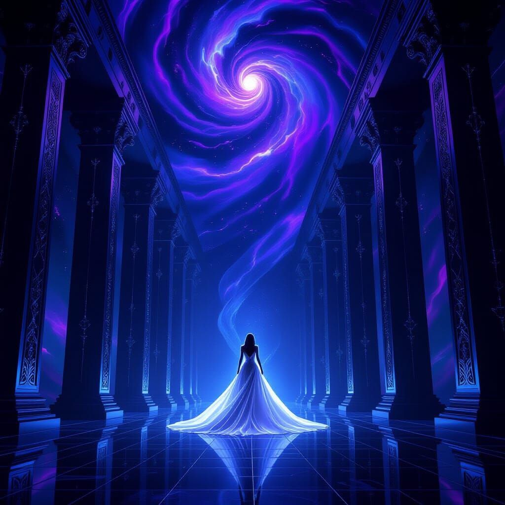 Ancient Obsidian Hall with Nebulae Ceiling and Hanging Dress