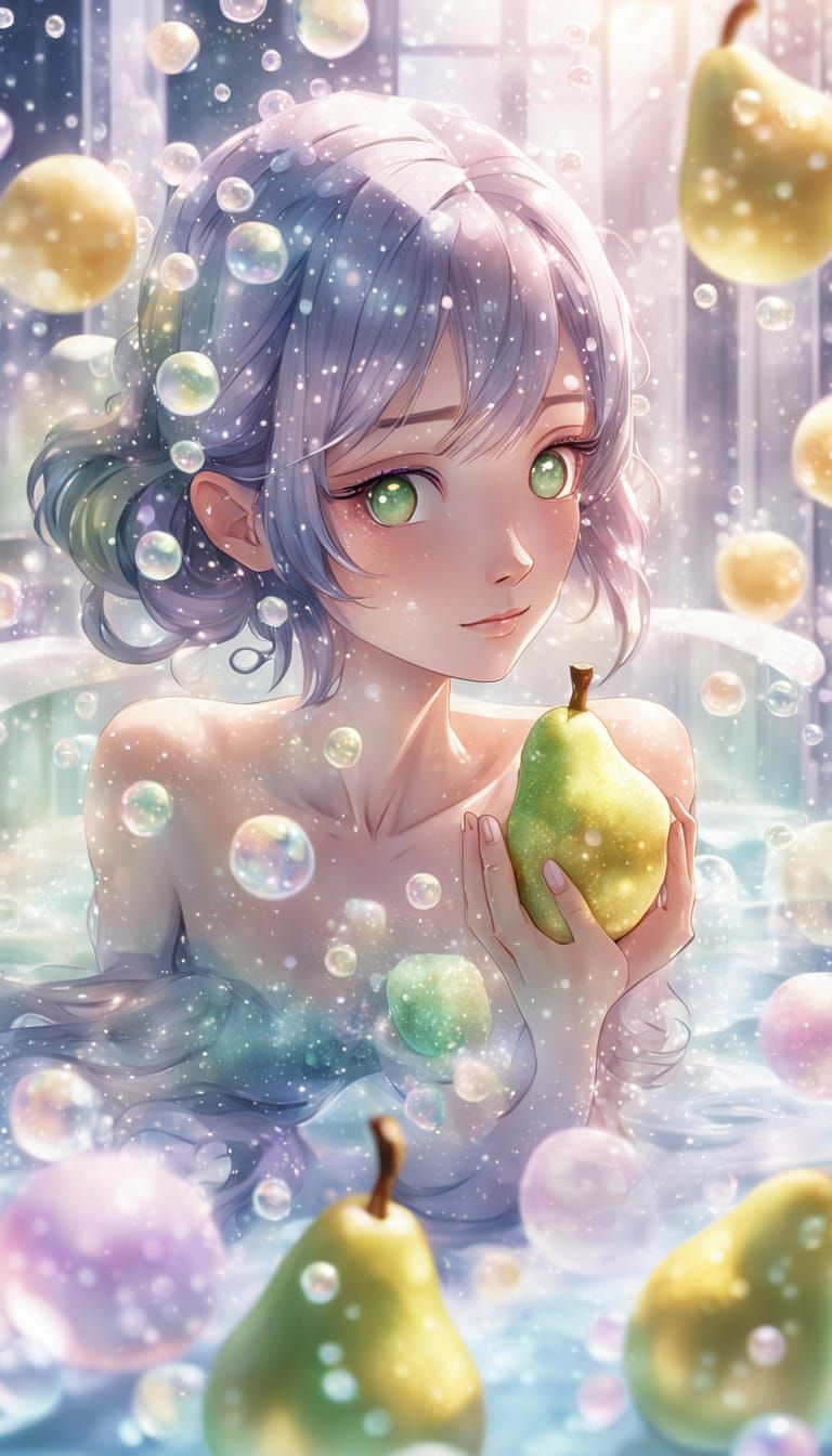 , girl in bath cover edin soap bubbles holding pears soap, anime scene, iridescent bubbles