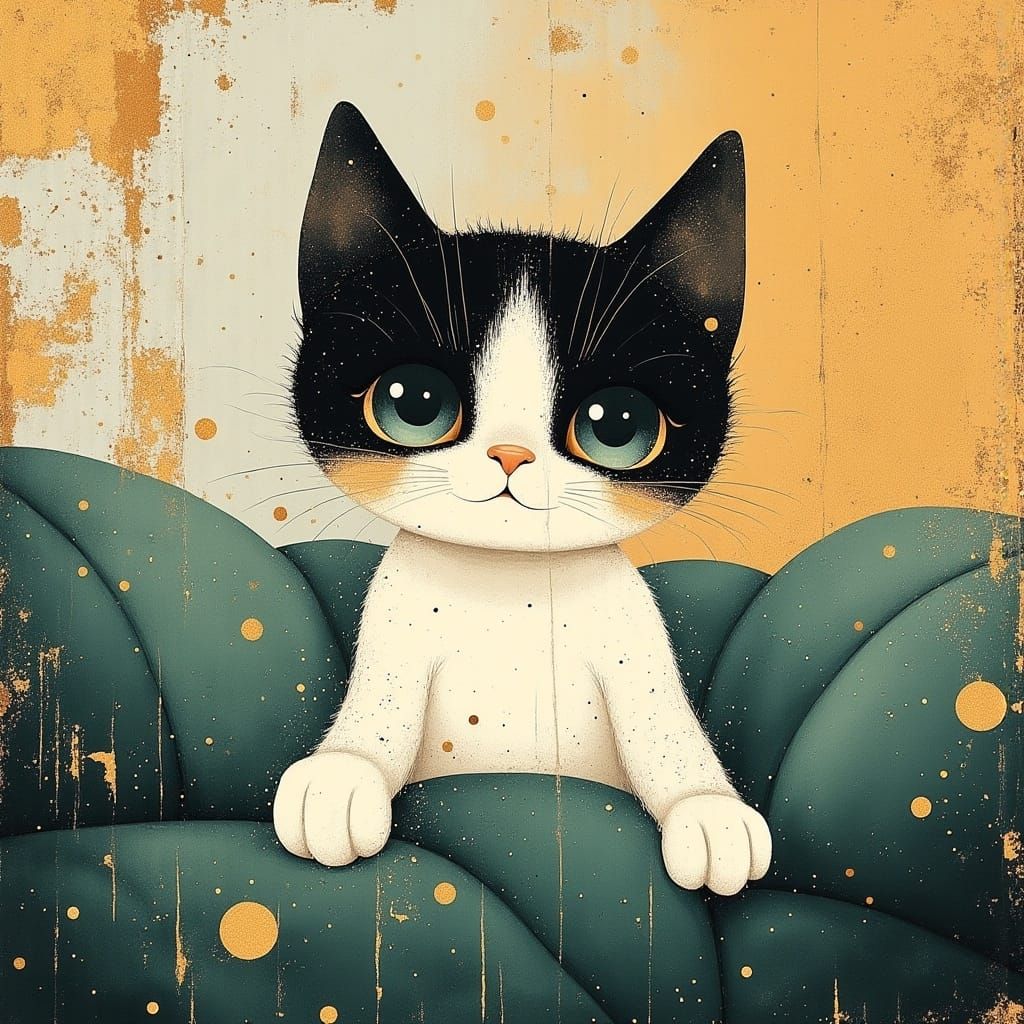 Whimsical Cat in Dreamy Green Velvet Setting