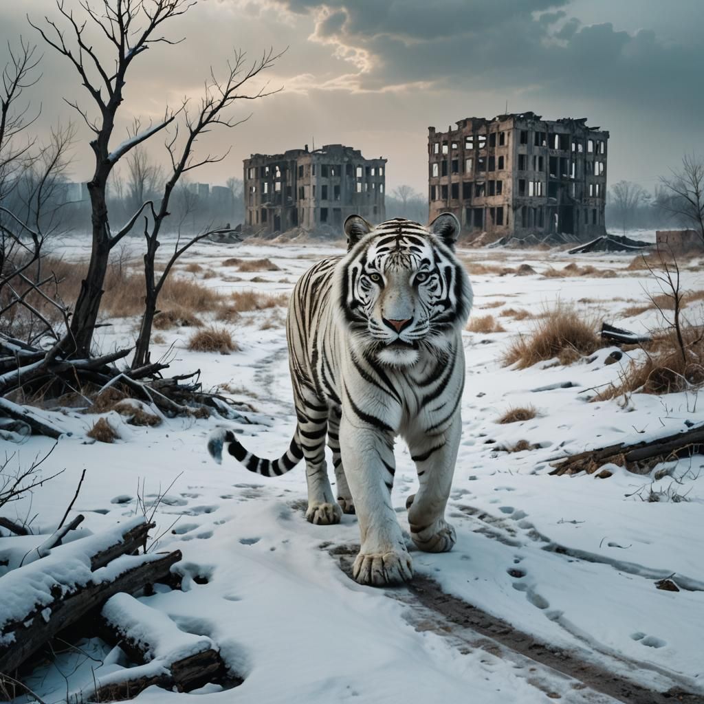 Gritty Winter Wonderland, White Tiger Roams Post-Apocalyptic...