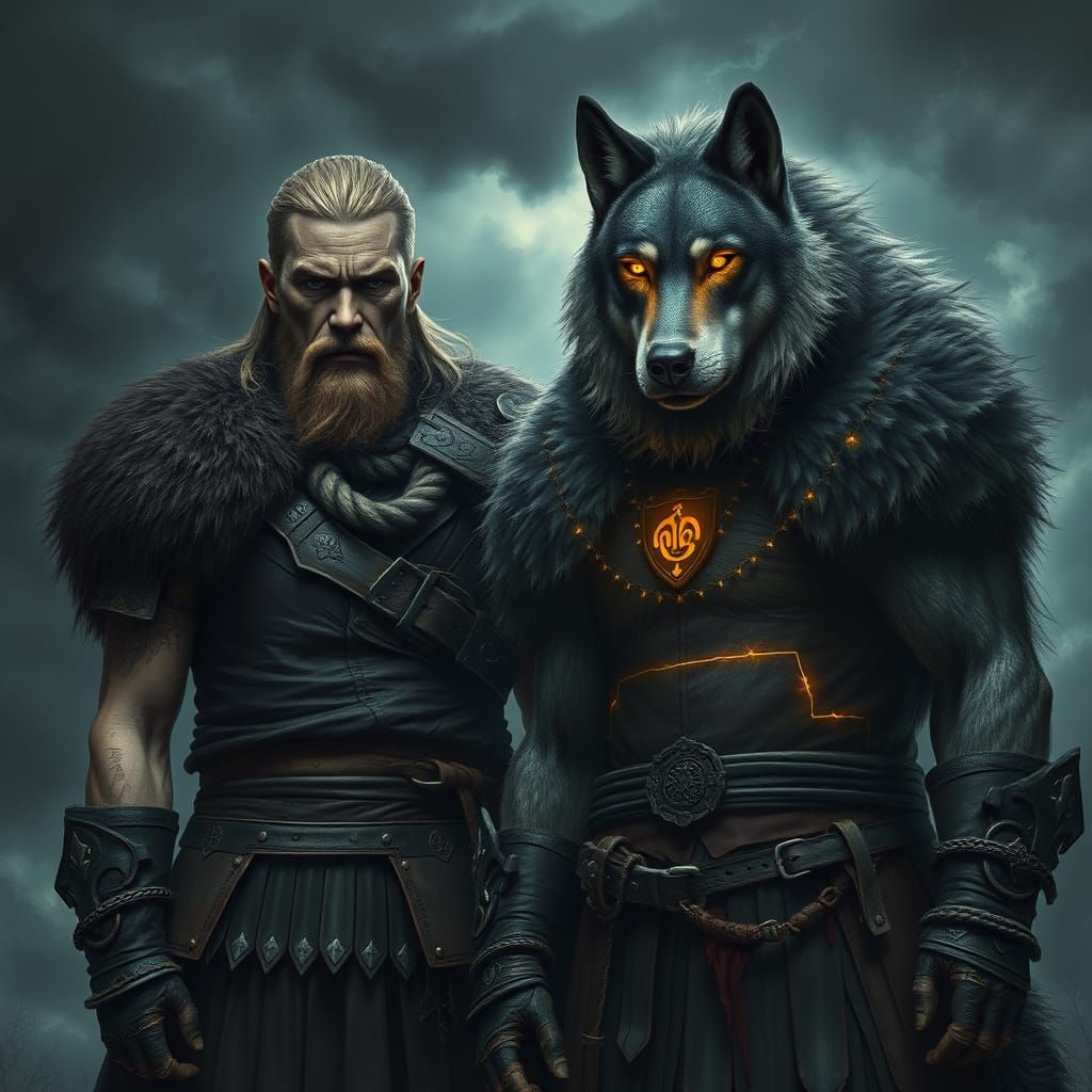 Battle-Hardened Warrior and Loyal Wolf Companion in Dark, Et...