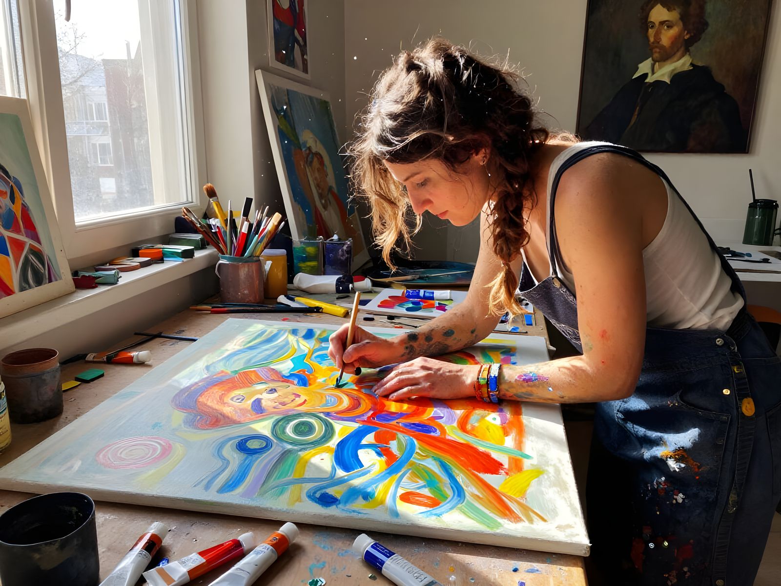 Boho Artist Deeply Focused on Abstract Canvas