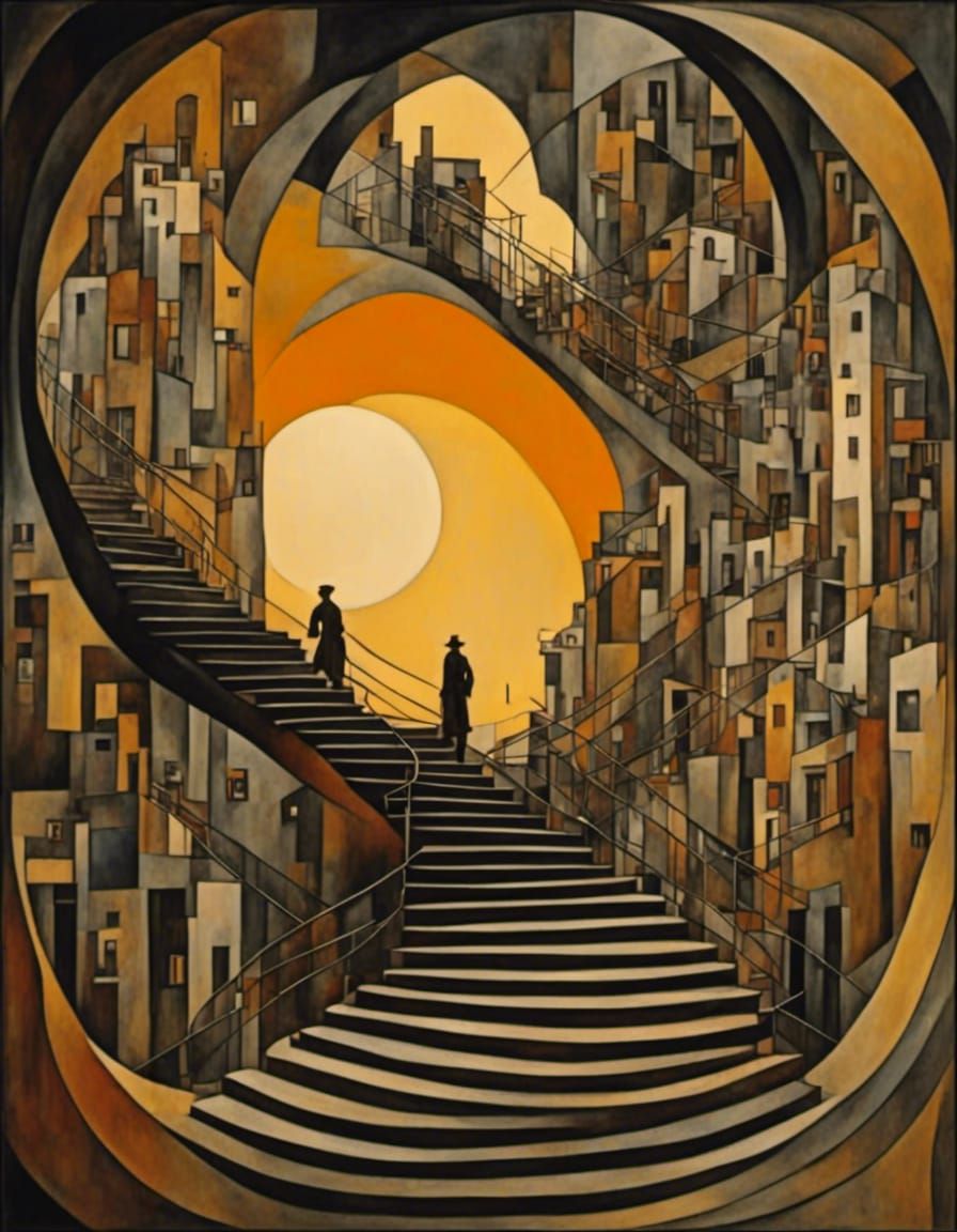 Surreal Cityscape with Golden Sky in Constructivist Style