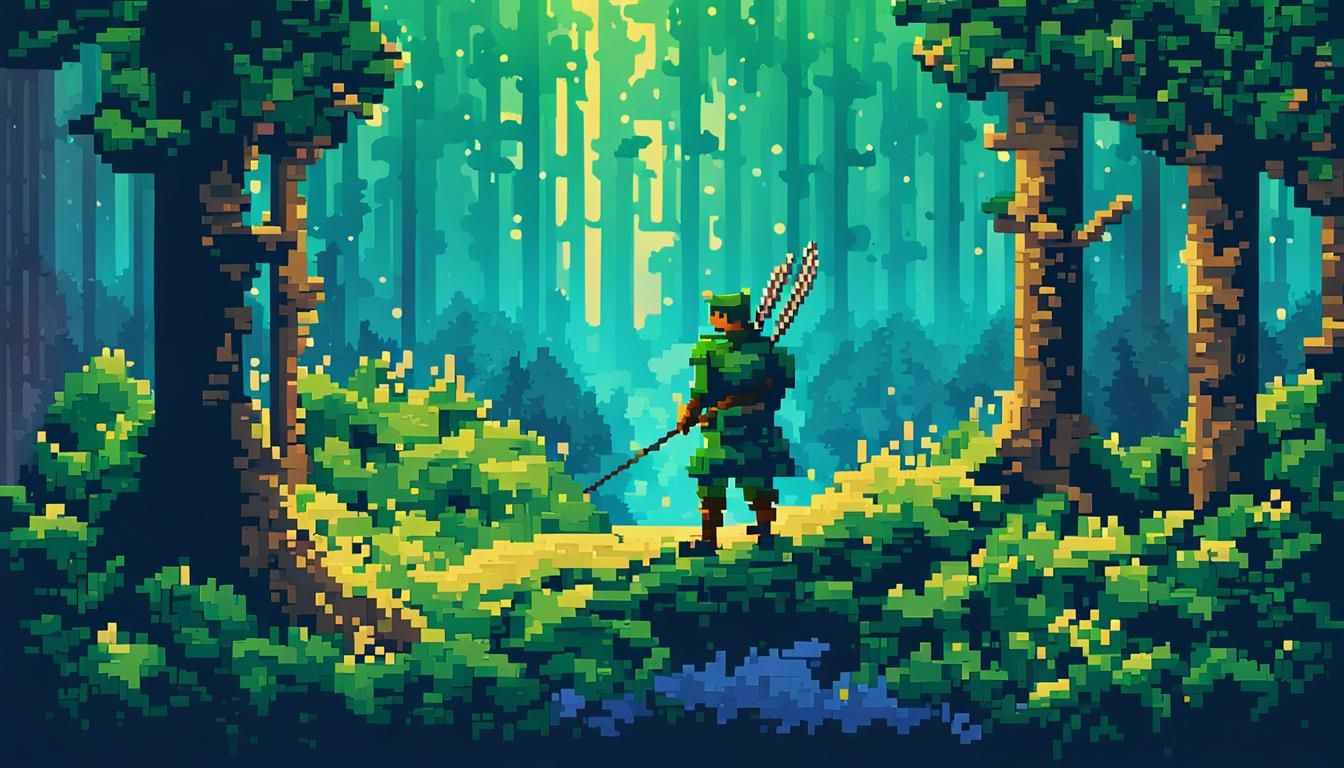 Pixelated Robin Hood in 1980s Arcade Style