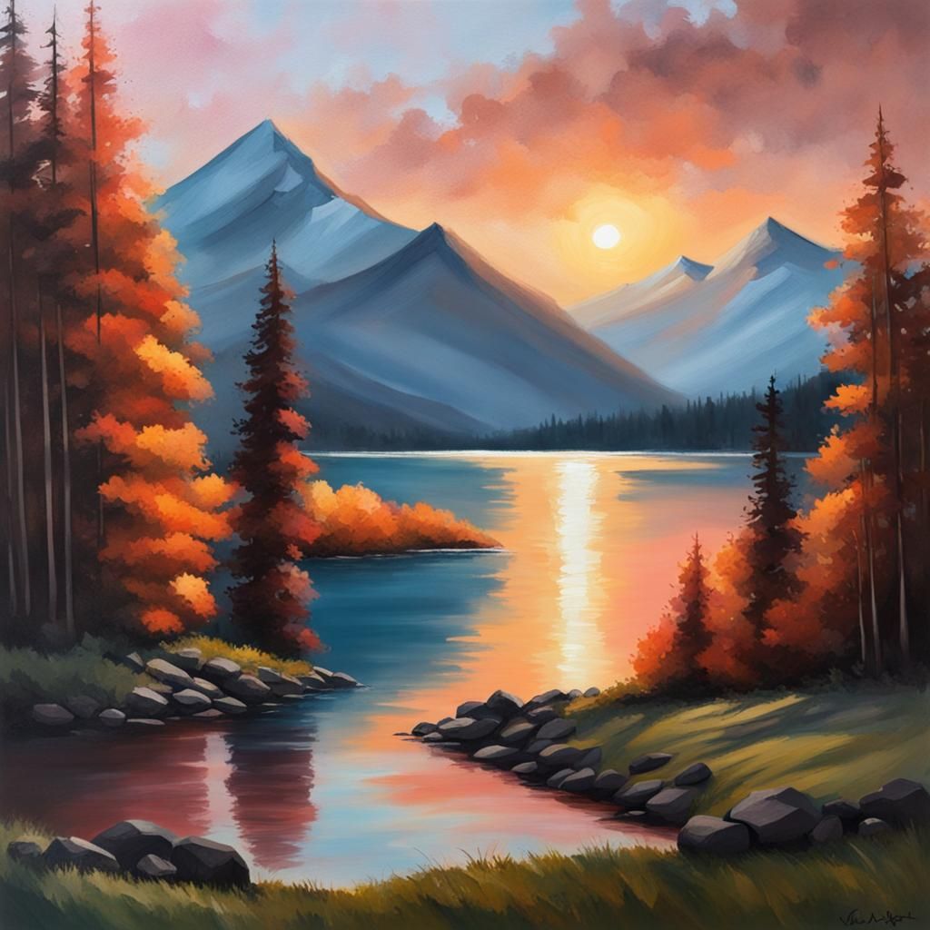 Mountain Lake Sunset Painting with Couple