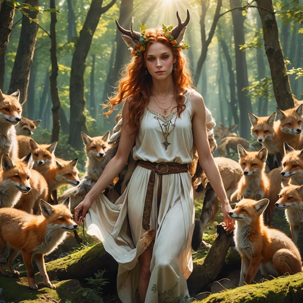 Female Satyr in Forest with Foxes