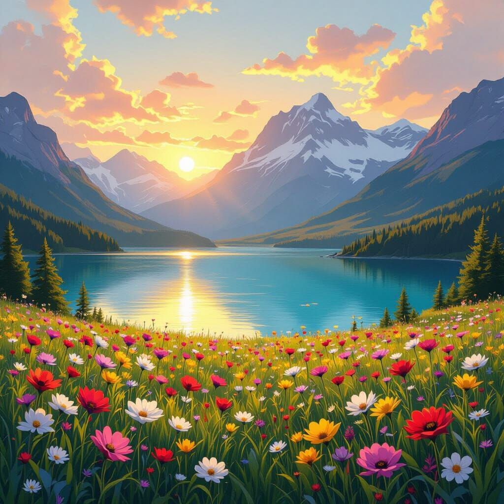 Magical Flower Meadow by Turquoise Lake