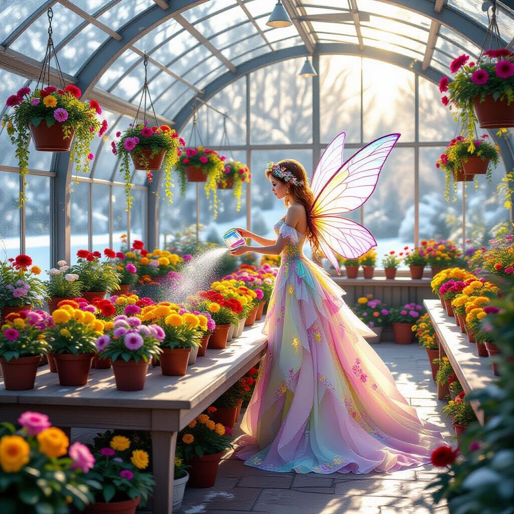 Magical Greenhouse with Fairy in Snowy Landscape