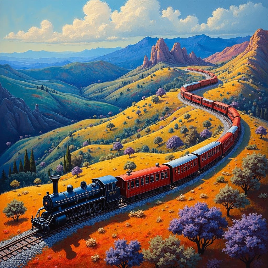 Serpentine Train Unfurls Along Undulating Ridge in Vibrant, ...