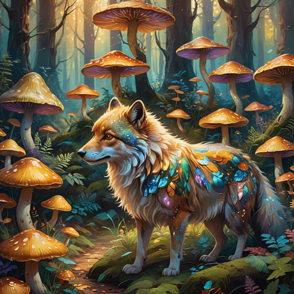 Iridescent Fur Animal in Mystical Forest Oil Painting