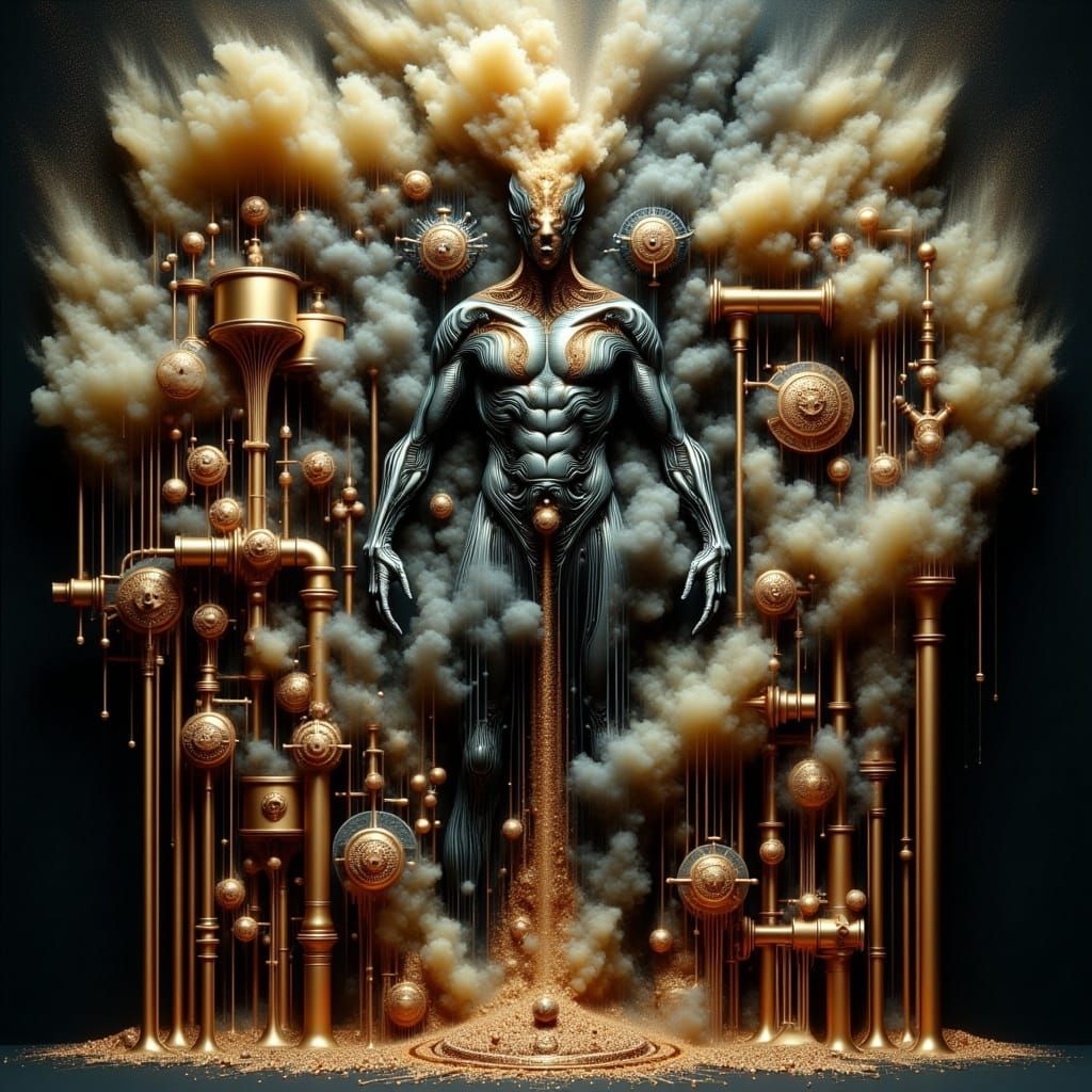 Melting Cyborg in Steampunk Engine Room