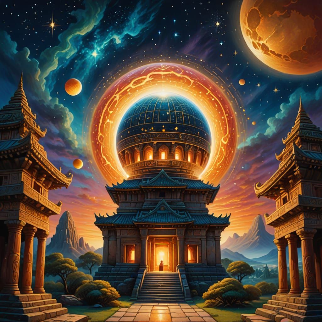 Glowing Orb Above Ancient Temple in Surreal Oil Painting
