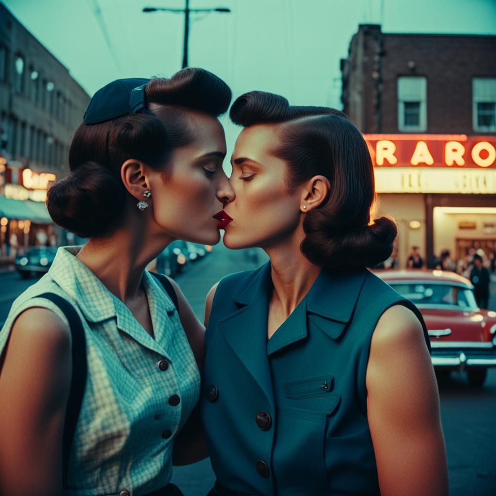 1950s Lesbian Couple Kissing: Cinematic Film Still