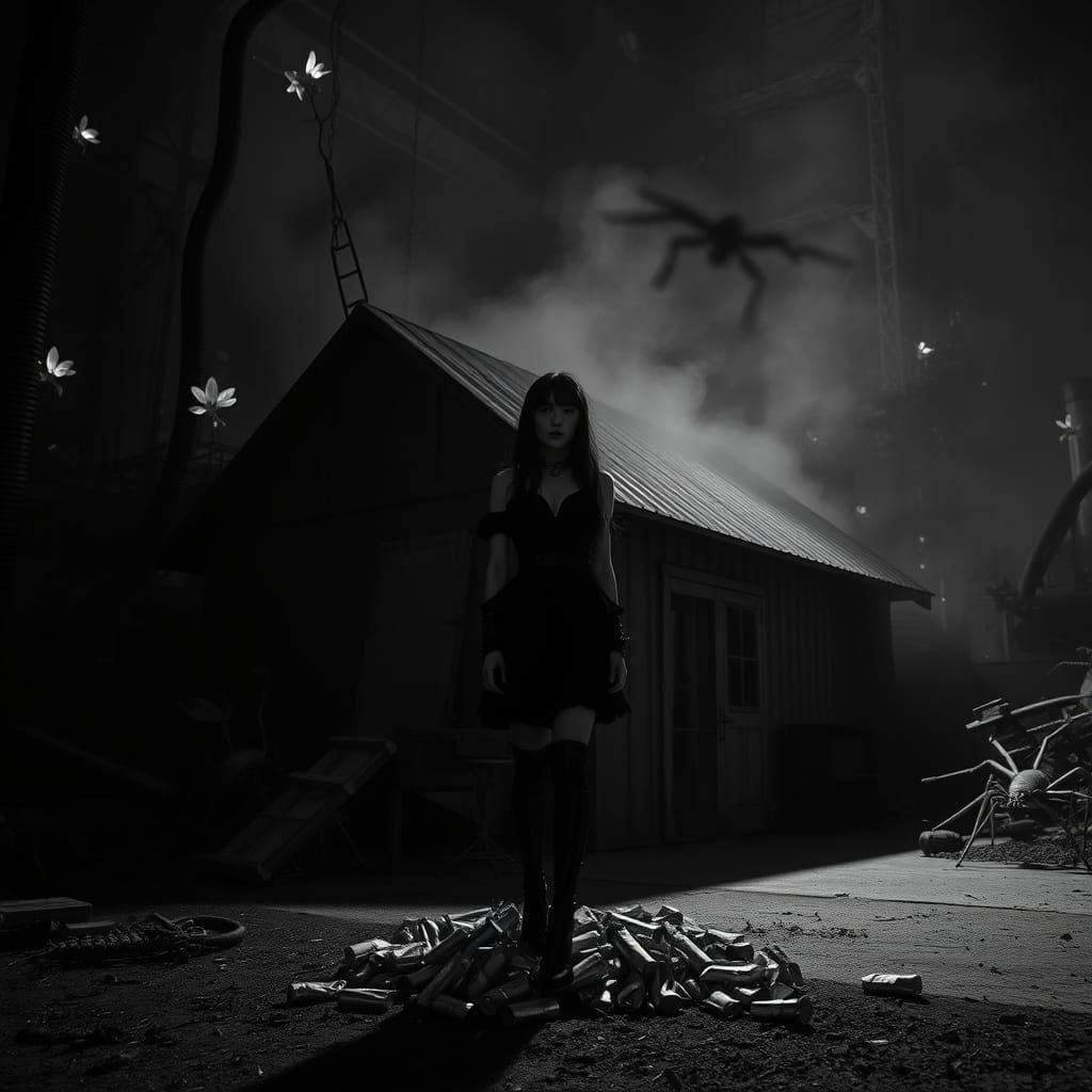 Goth Model in Ruins Amidst Bioluminescent Flora