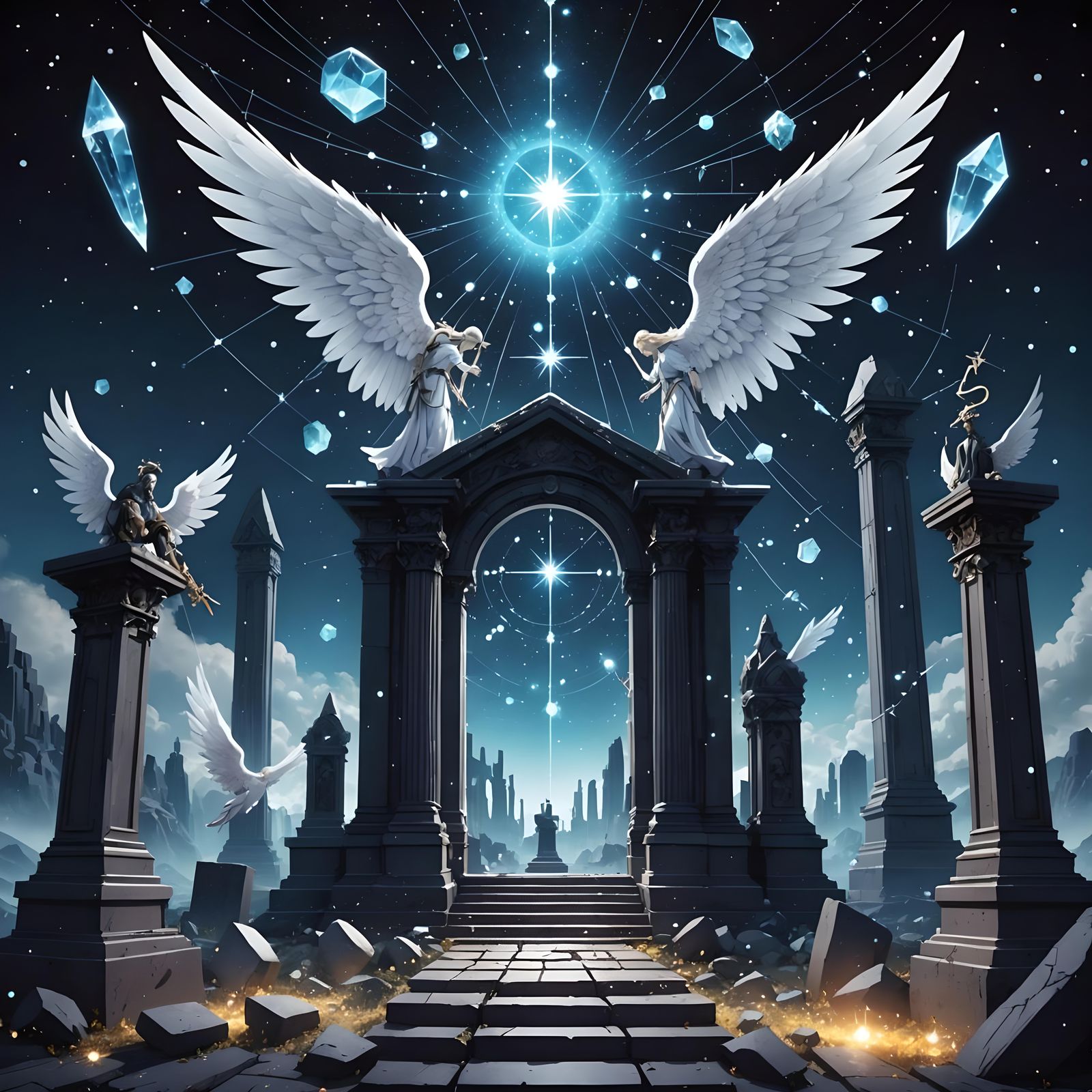 Epic Anime Scene with Angels and Crystals