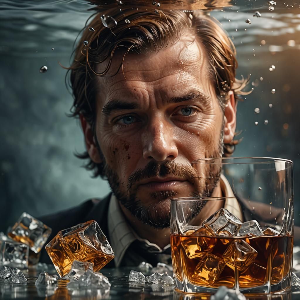 Man Submerged in Whisky: Hyper-Realistic Close-Up