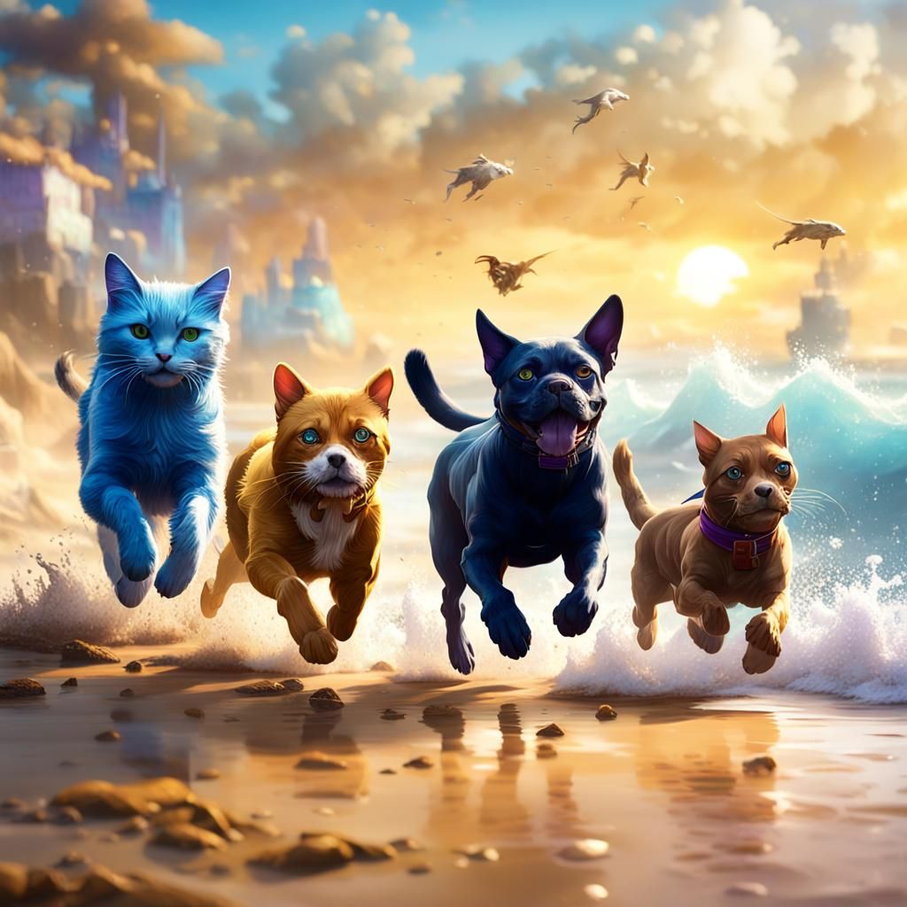 Cats and Dogs on Beach, Fantasy Concept Art