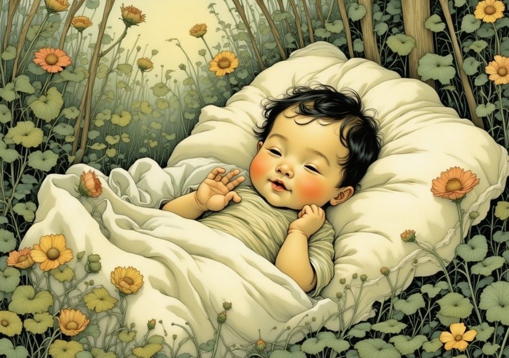 Baby's Giggles in Sun-Dappled Garden, Whimsical Art