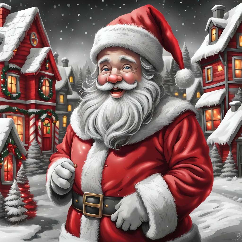 Greyscale Christmas Village with Red Santa Illustration