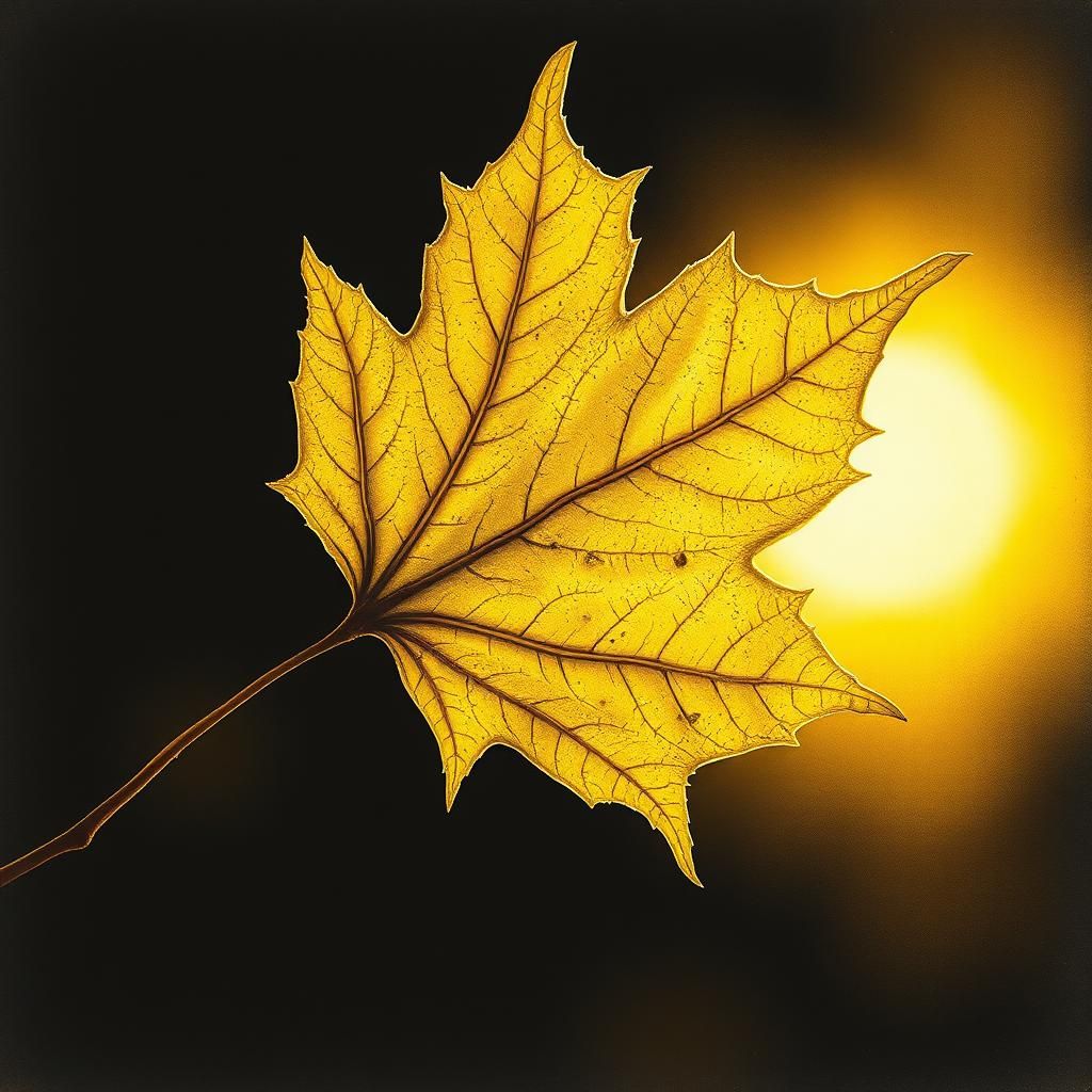 Detailed Charcoal Drawing of Backlit Yellow Maple Leaf