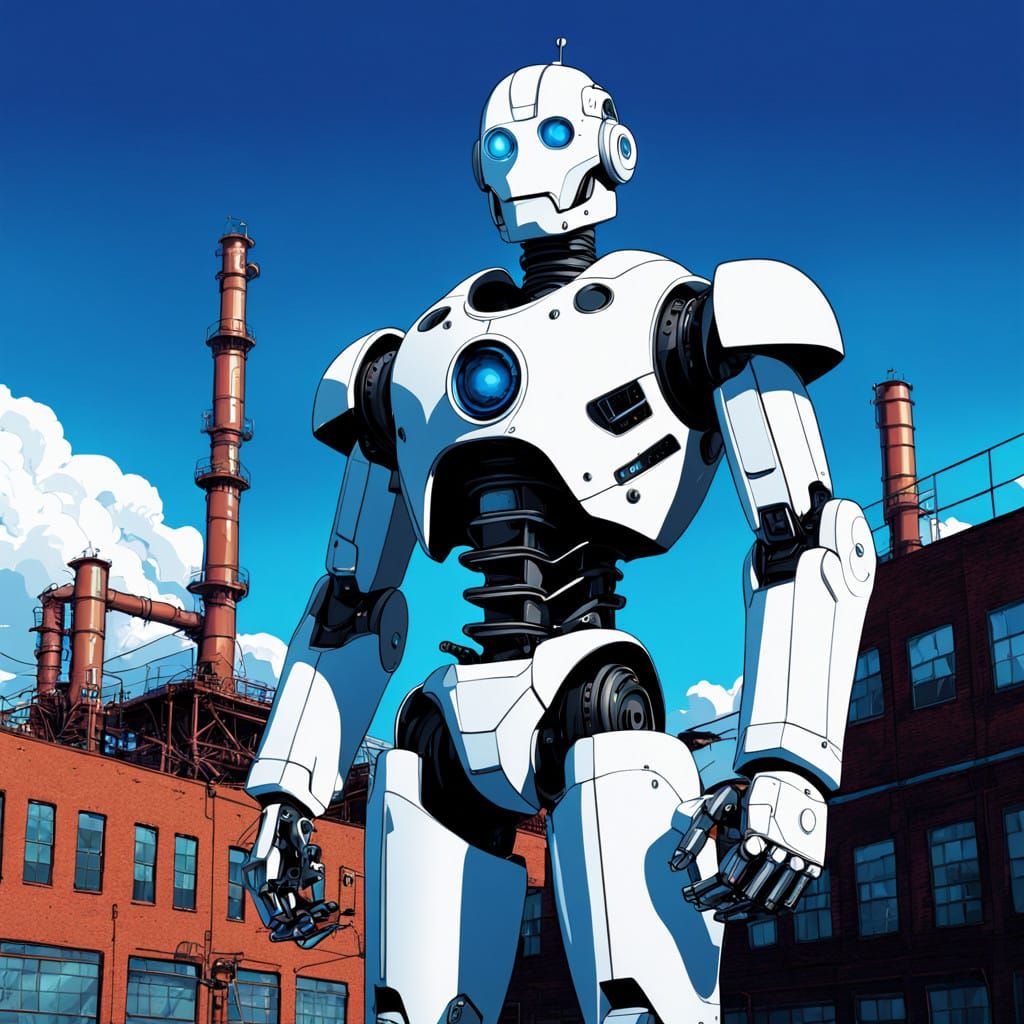 Cyborg Robot in Vibrant Industrial Landscape