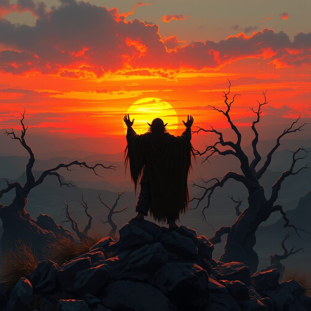 Shaman's Sunset Prayer: Dark Fantasy Concept Art