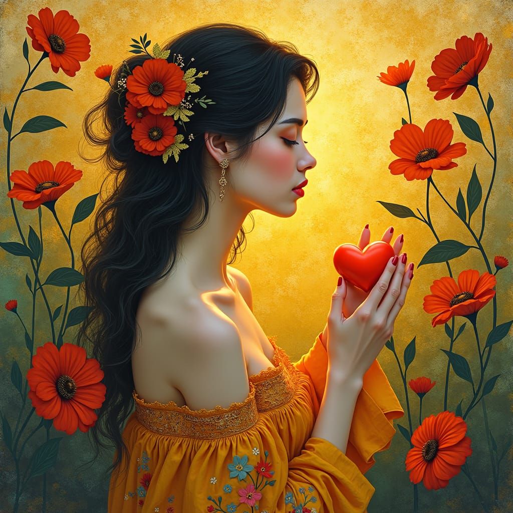 Ethereal Woman with Heart in Klimt-Rothko Style