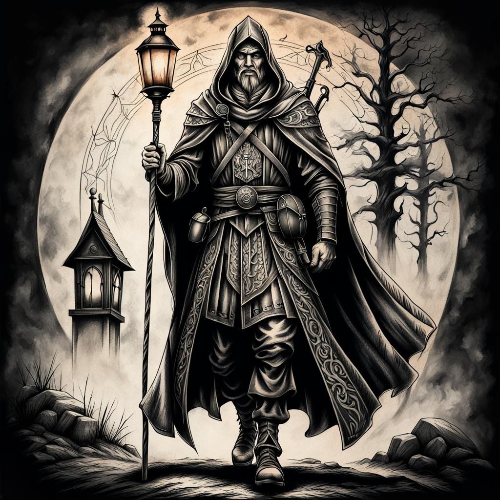 Noble Pilgrim Warrior Tattoo Design in Charcoal