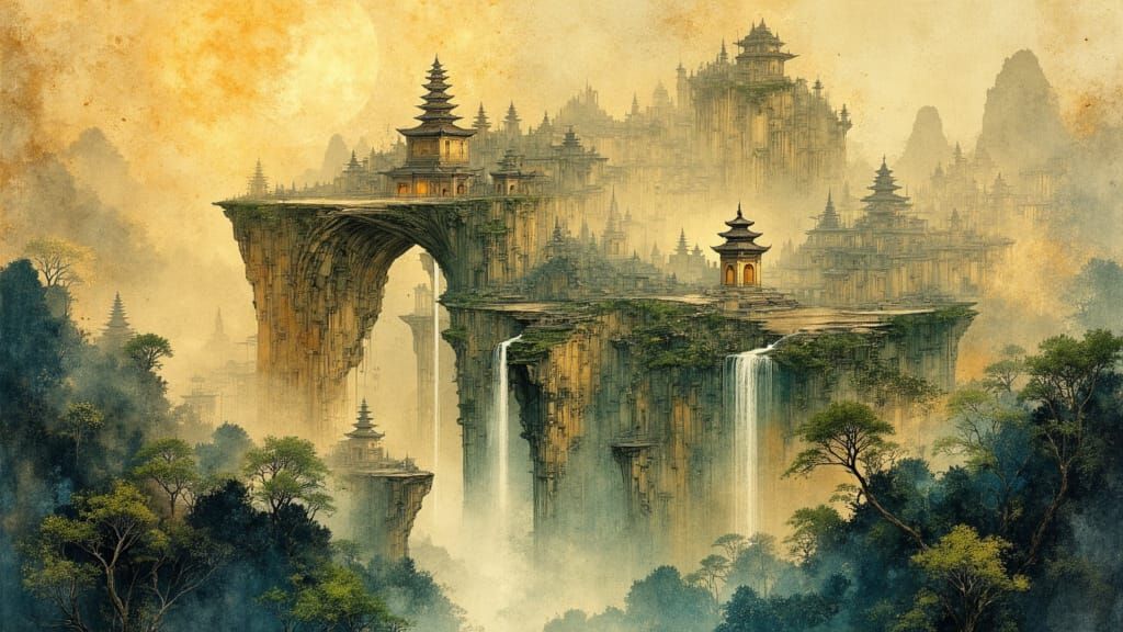 Misty Pagodas in Lush Fantasy Landscape