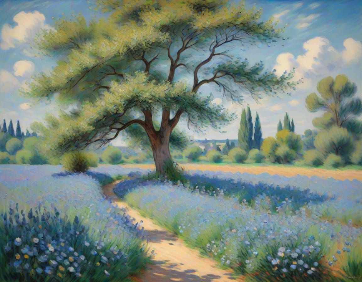 Impressionist Landscape with Blue Flowers and Solitary Tree