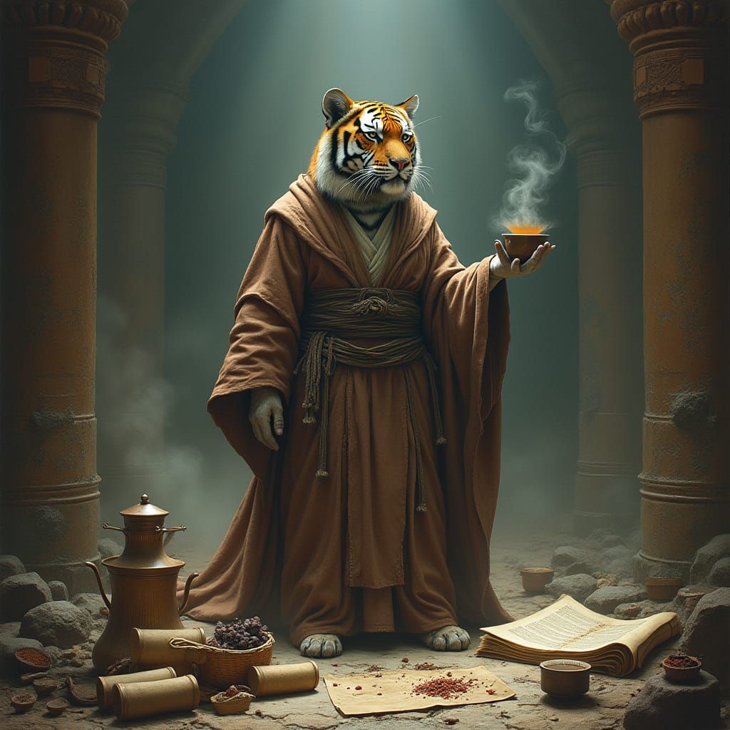 Mystical Tiger Jedi in a Beksiński-Frazetta Style Chamber