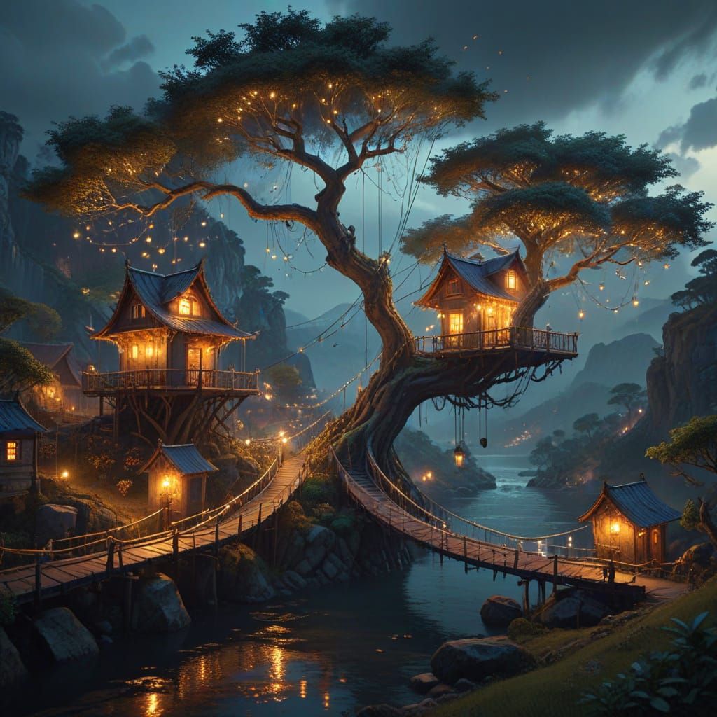 Magical World Tree Islands Connected by Bridges at Twilight