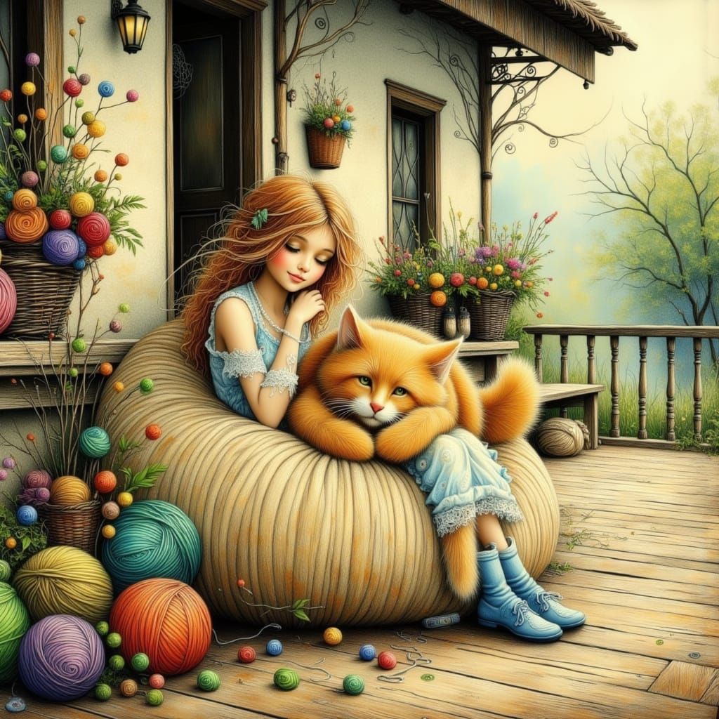Fluffy Cat and Girl Knitting on Porch, Storybook Style